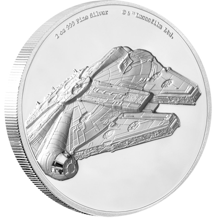 Side view of the Silber Star Wars Millenium Falke 2 oz Ultra High Relief - 2019