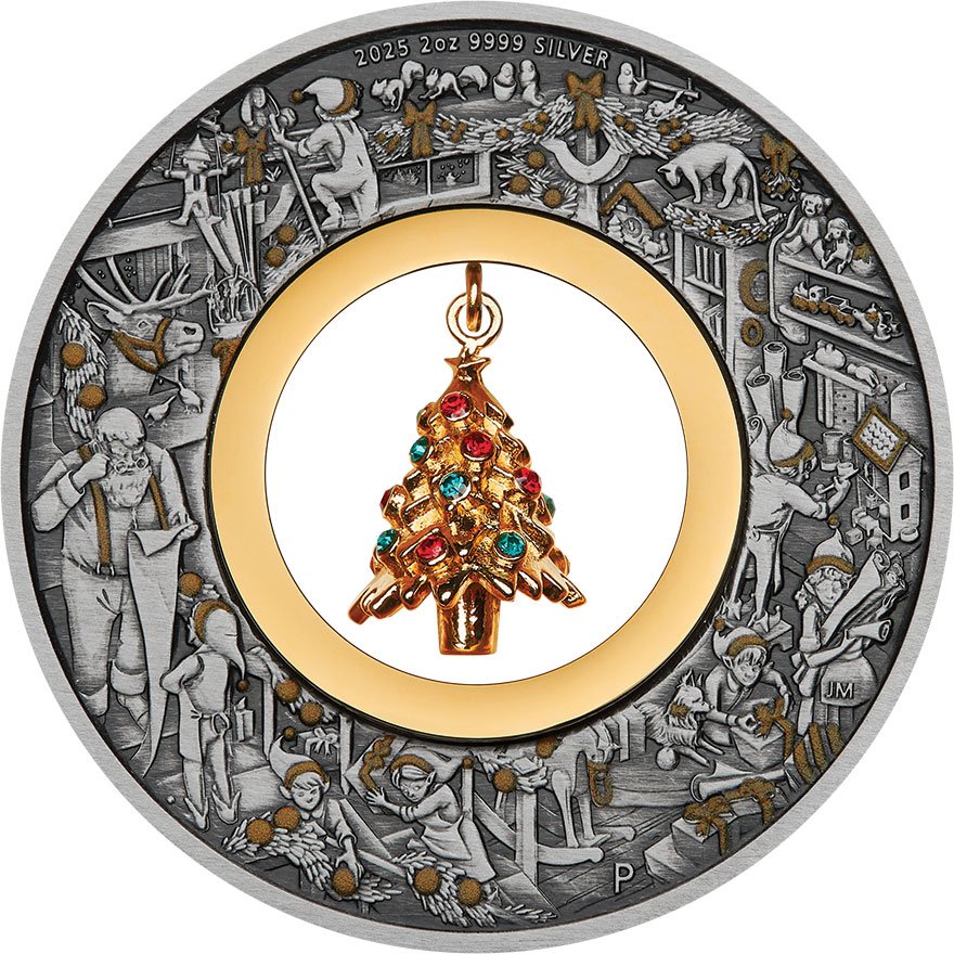 Front of the Silver Santas Workshop 2 oz - Antique Finish 2025