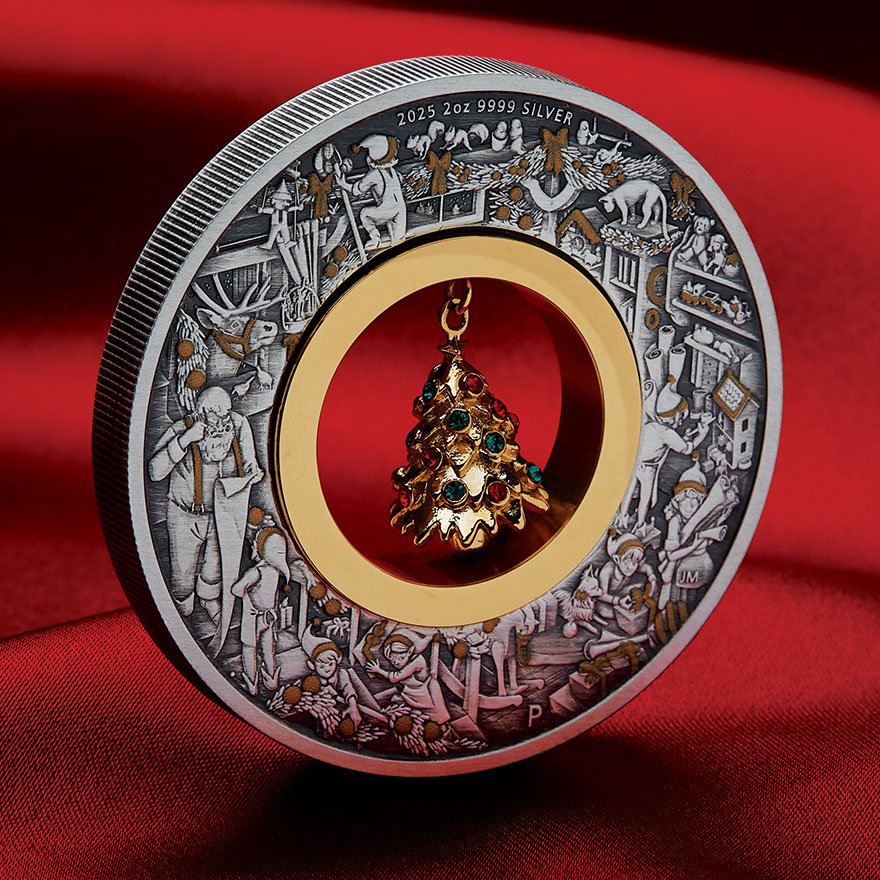 Side view of the Silver Santas Workshop 2 oz - Antique Finish 2025