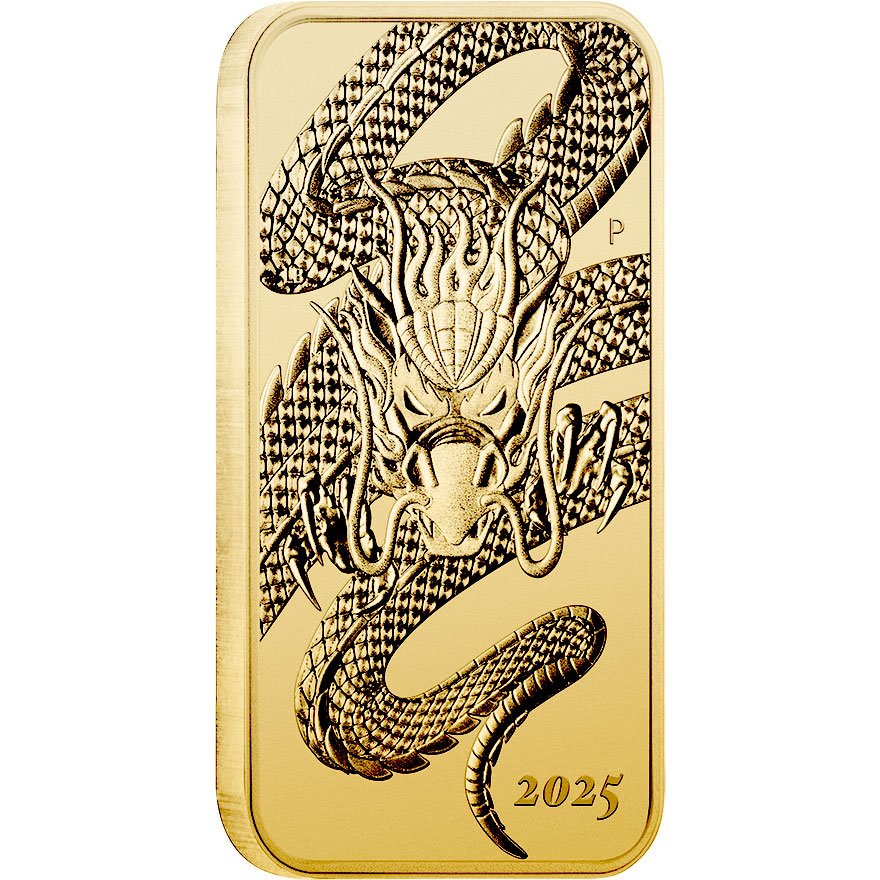 Side view of the Gold Dragon Rectangle 1 oz - 2025