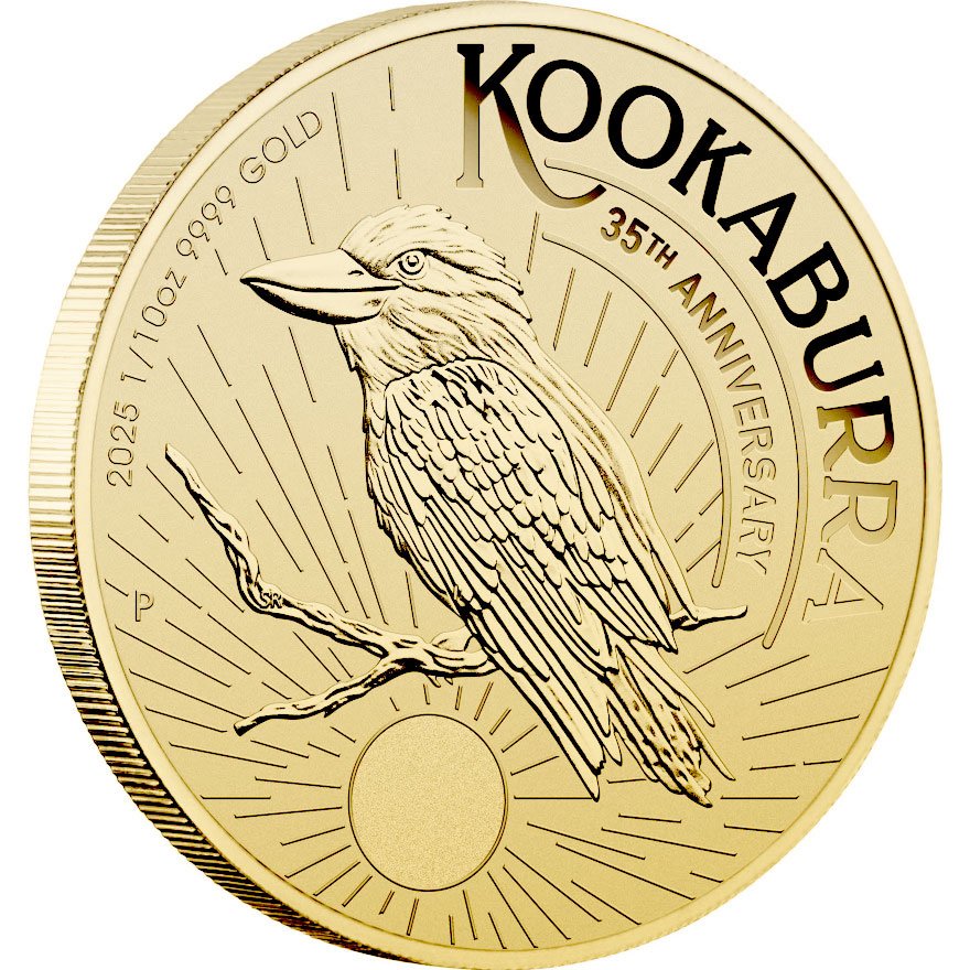 Side view of the Gold Kookaburra 1/10 oz - 2025