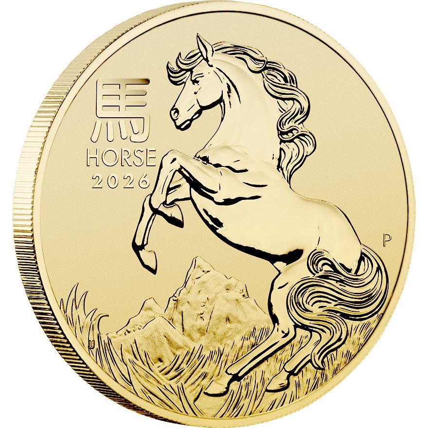 Side view of the Gold Lunar III 1/20 oz - Horse 2026