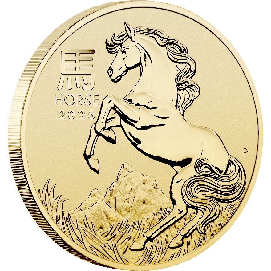 Side view of the Gold Lunar III 1 oz - Horse 2026