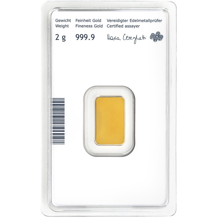 Back of the Gold bar 2 g - Austrian Mint in the blister card (Production version 2)