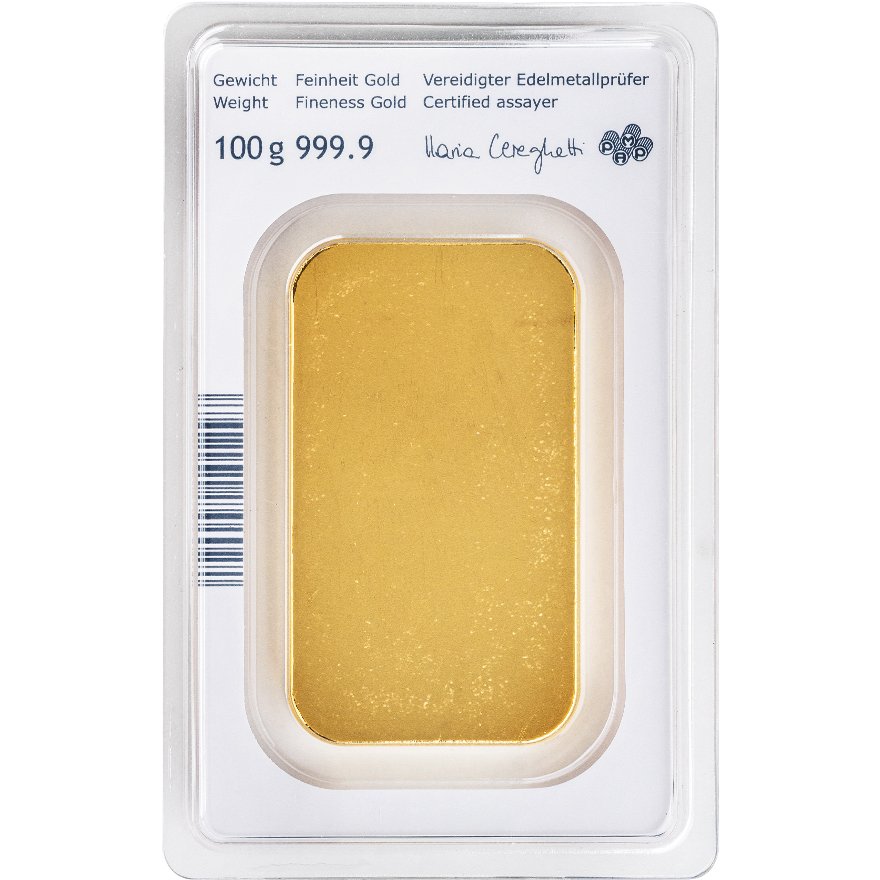 Back of the Gold bar 100 g - Austrian Mint in the blister card (Production version 2)