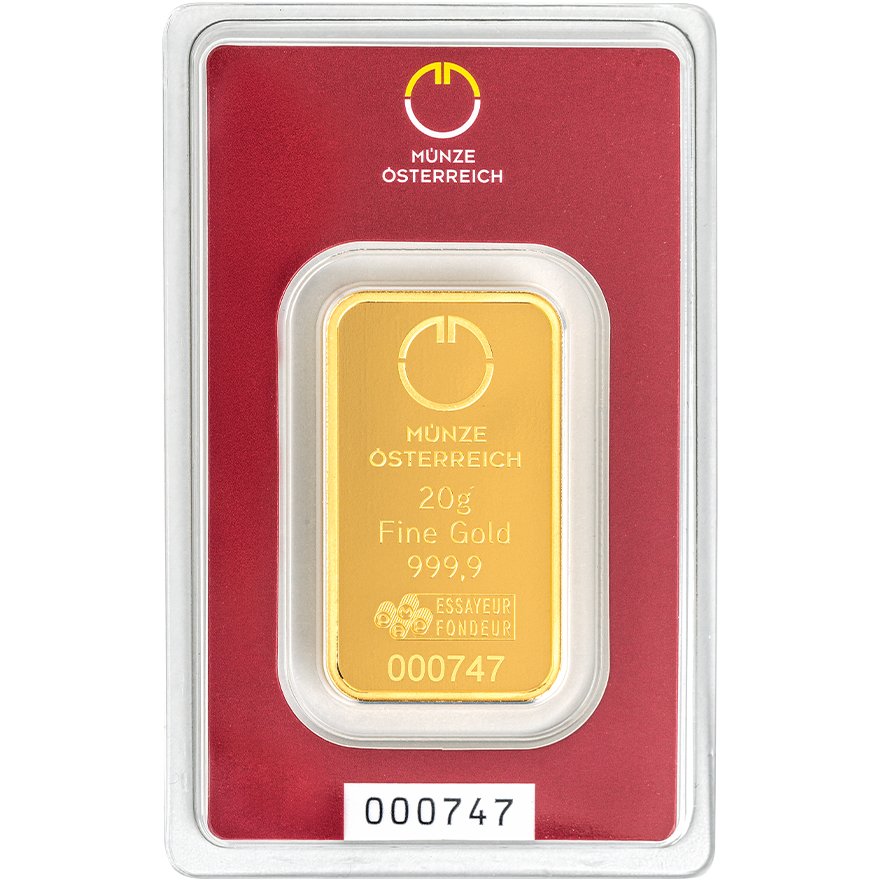 Front of the Gold bar 20 g - Austrian Mint in the blister card (Production version 2)