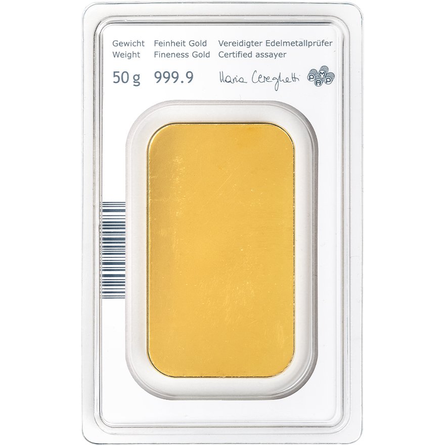 Back of the Gold bar 50 g - Austrian Mint in the blister card (Production version 2)