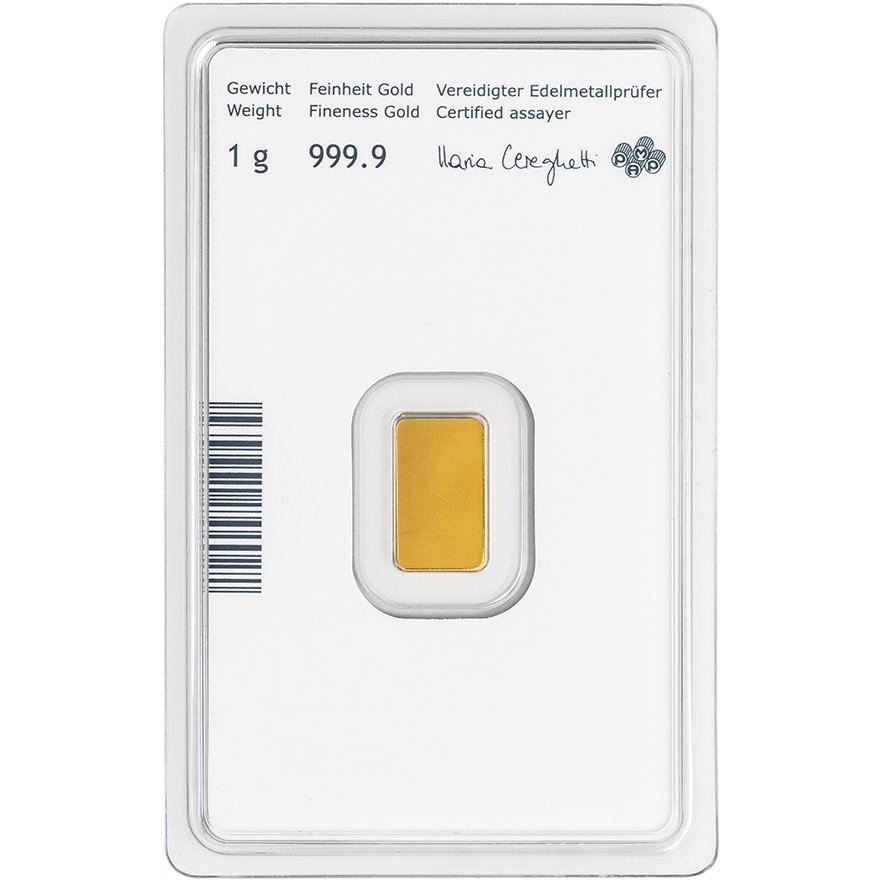 Back of the Gold bar 1g - Austrian Mint in the blister card (Production version 2)