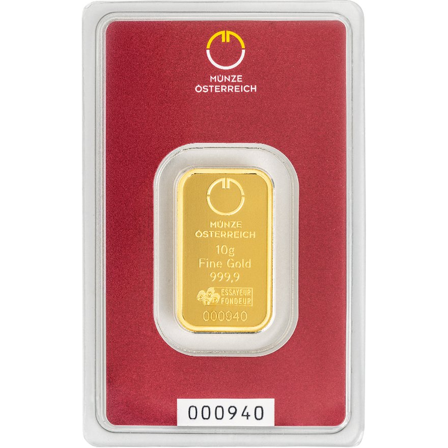 Front of the Gold bar 10 g - Austrian Mint in the blister card (Production version 2)