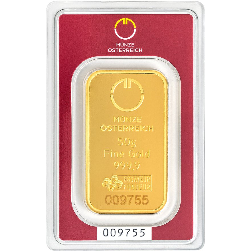 Front of the Gold bar 50 g - Austrian Mint in the blister card (Production version 2)