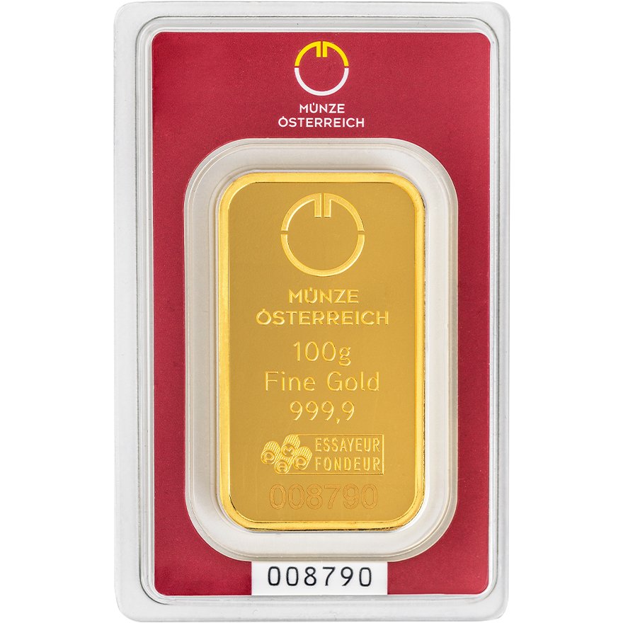 Front of the Gold bar 100 g - Austrian Mint in the blister card (Production version 2)