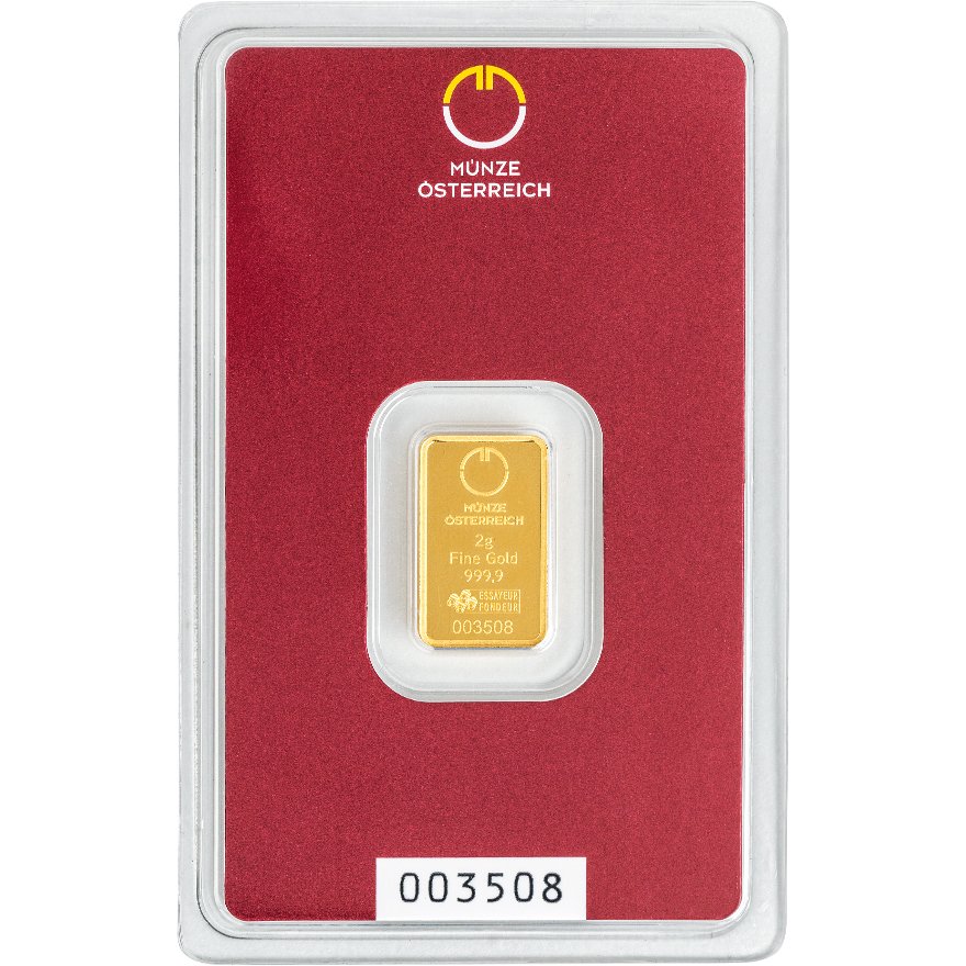 Front of the Gold bar 2 g - Austrian Mint in the blister card (Production version 2)