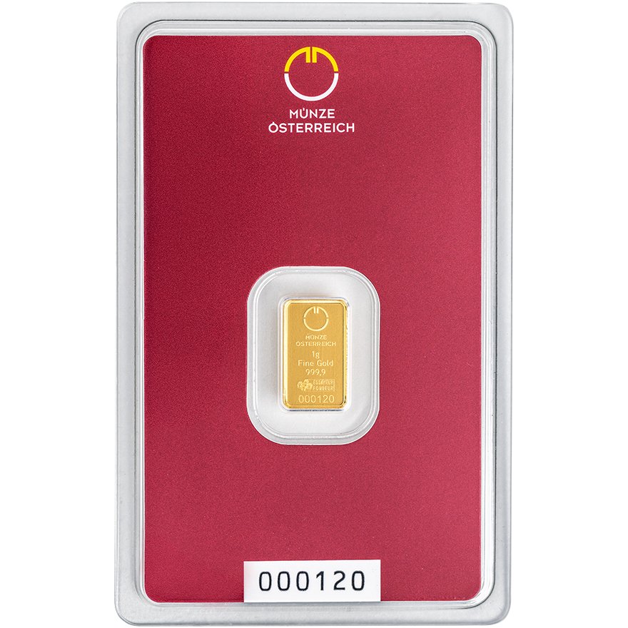 Front of the Gold bar 1g - Austrian Mint in the blister card (Production version 2)