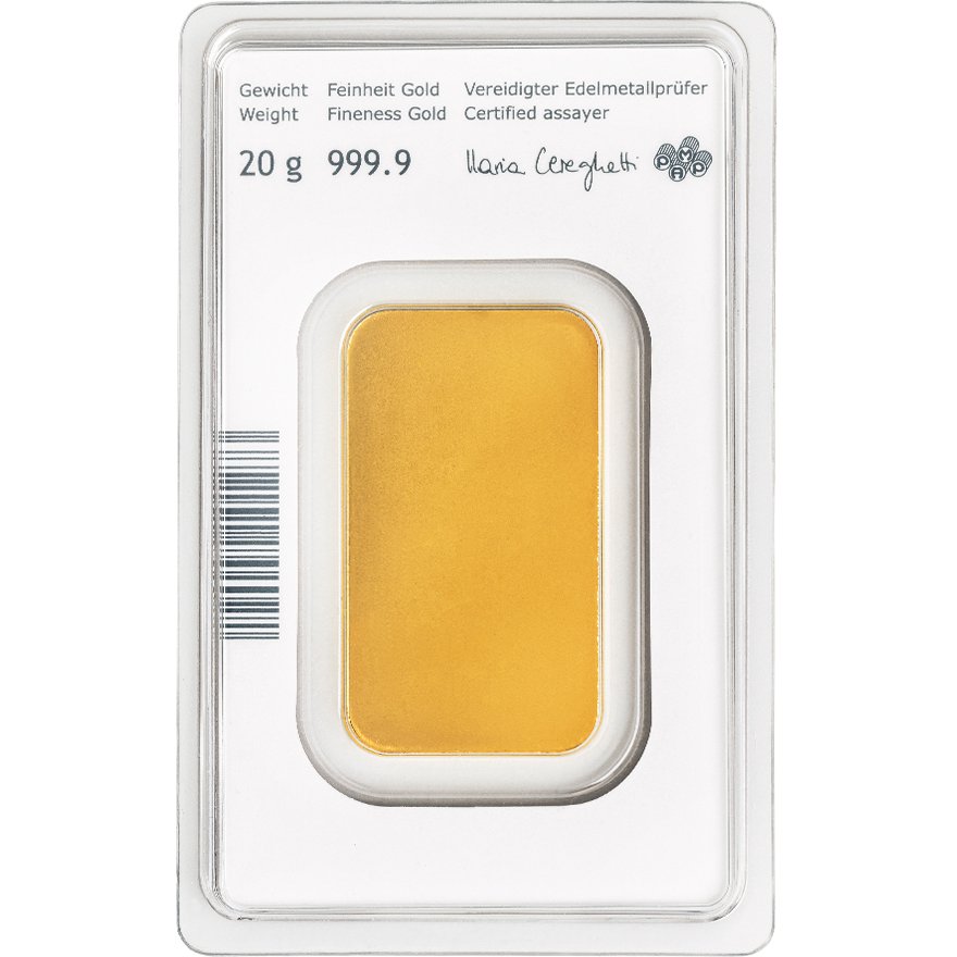 Back of the Gold bar 20 g - Austrian Mint in the blister card (Production version 2)