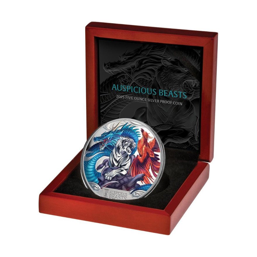 Silver Auspicious Beasts 5 oz Proof - 2025 in the original coin case