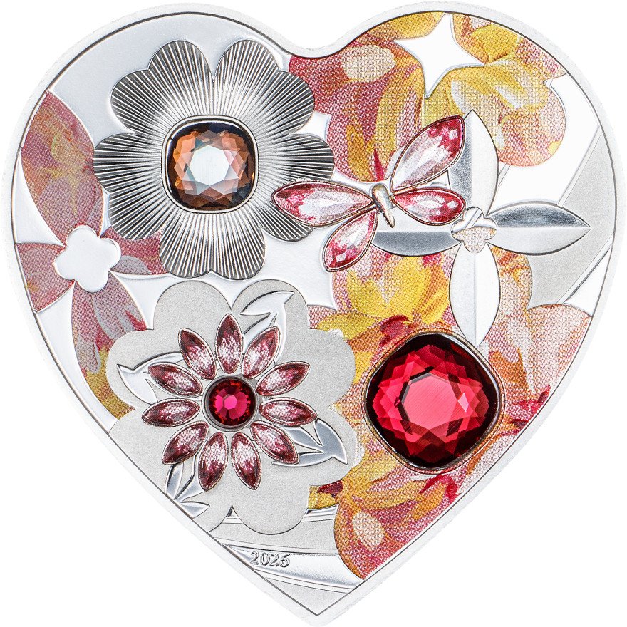 Front of Silver Heart Brilliant Love Blossom 20 g Proof - 2026