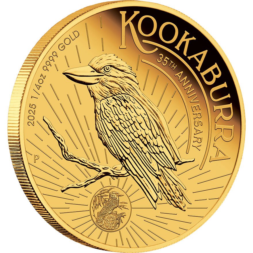 Side view of the Gold Kookaburra 1/4 oz Proof - High Relief 2025 