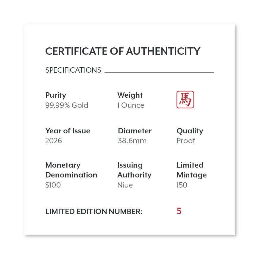 Certificate of the Gold Lunar Horse – 1 oz PF – 2026