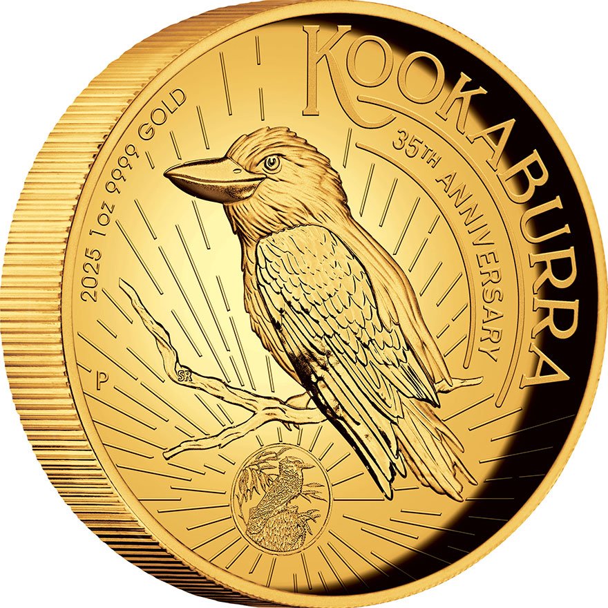 Side view of the Gold Kookaburra 1 oz Proof - 35th anniversary - High Relief 2025 