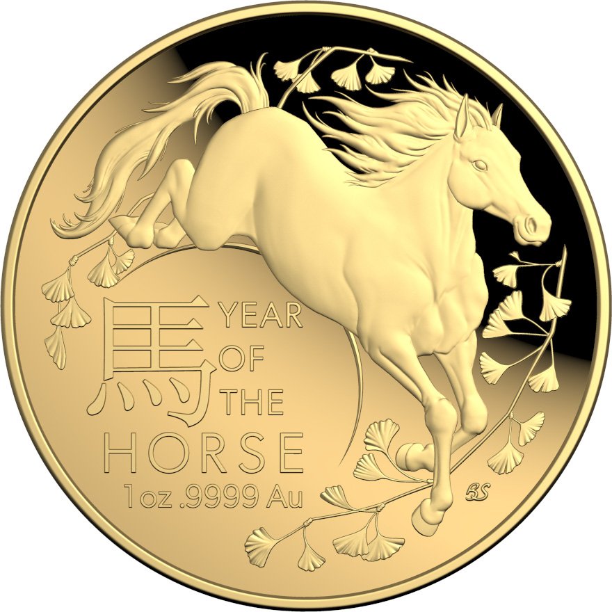 Front of the Gold Lunar Horse 1 oz PF domed coin - RAM 2026