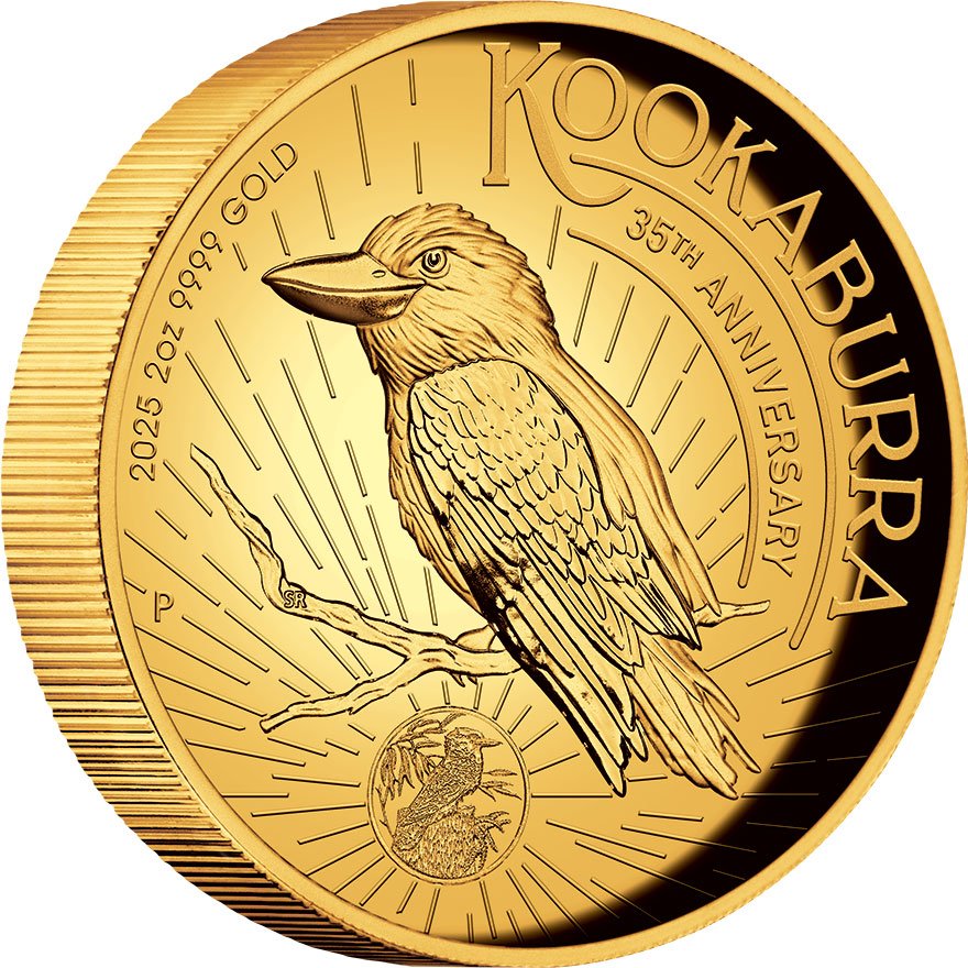 Side view of the Gold Kookaburra 2 oz Proof - High Relief 2025 