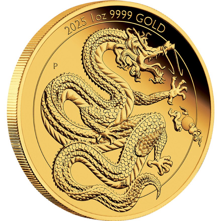 Side view of the Gold Dragon Chinese Mythical Creatures 1 oz PF - 2025