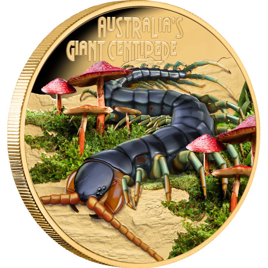 Side view of Gold Deadly & Dangerous 1 oz PF -Giant Centiped 2026 