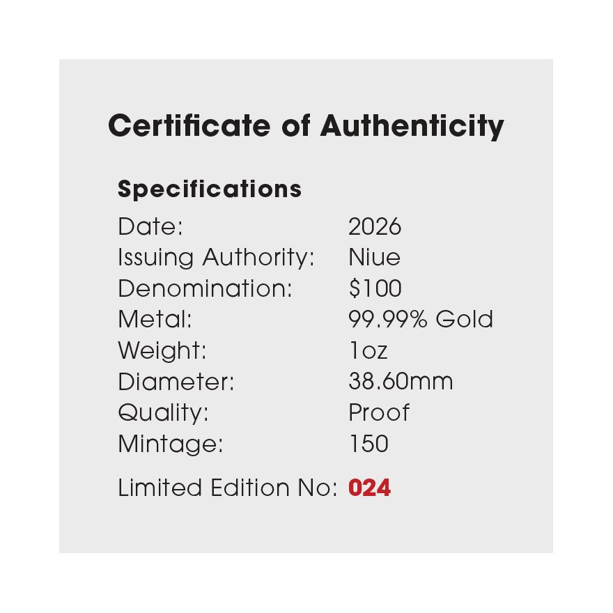 COA of Gold Deadly & Dangerous 1 oz PF -Giant Centiped 2026 