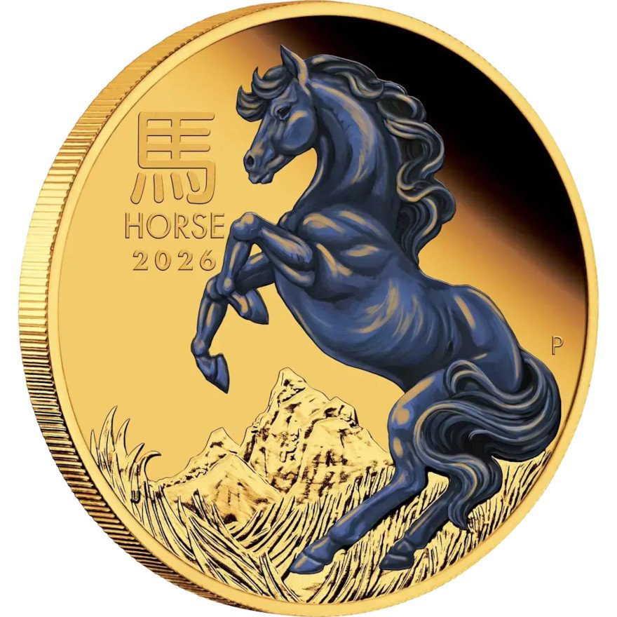 Side view of Gold Lunar colored horse 1 oz - Proof 2026