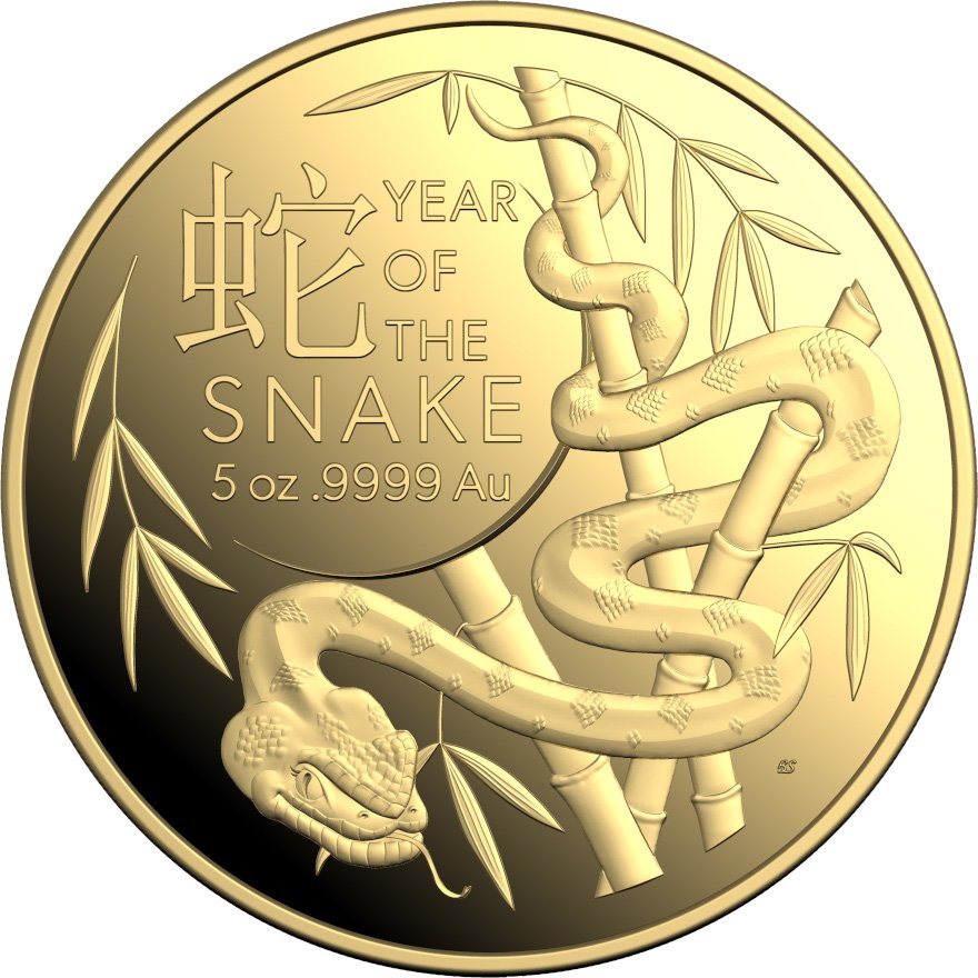 Front of the Gold Lunar Snake 5 oz PF - RAM 2025