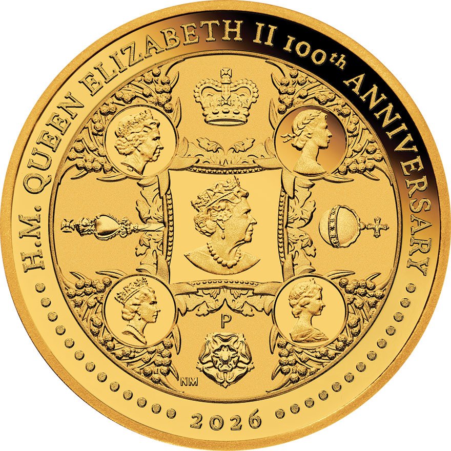 Front of Gold HM QE 100th Anniversary 1/4 oz Proof 2026