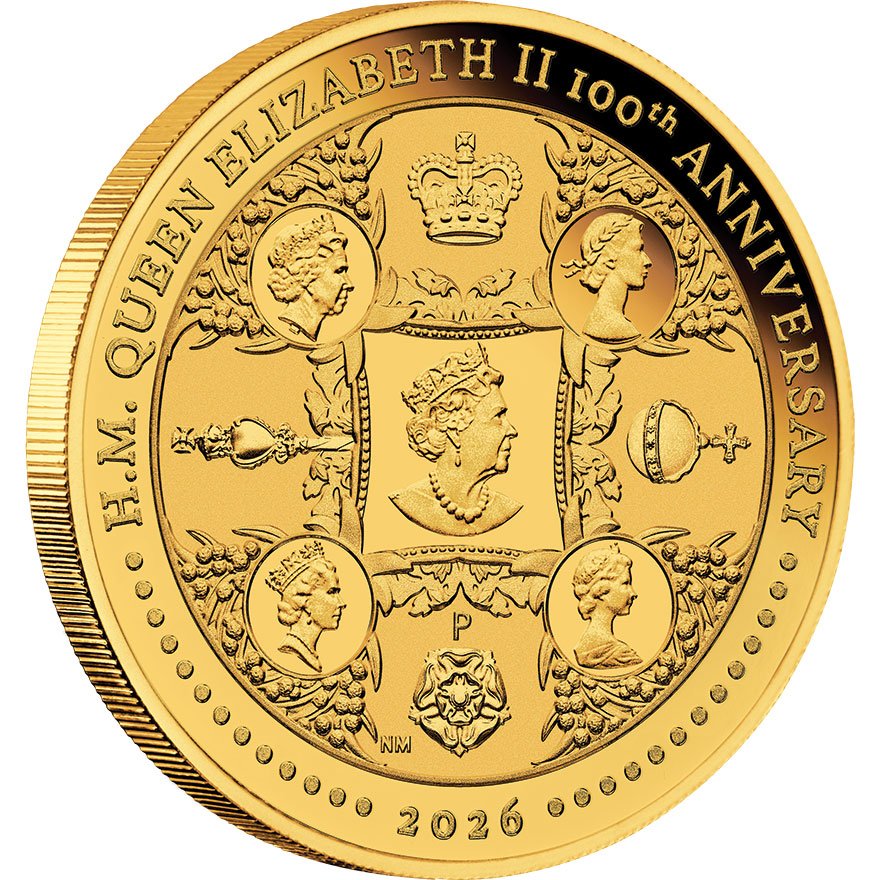 Side view of Gold HM QE 100th Anniversary 1/4 oz Proof 2026