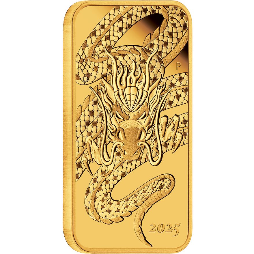 Side view of the Gold Dragon Rectangle 1 oz Proof - 2025