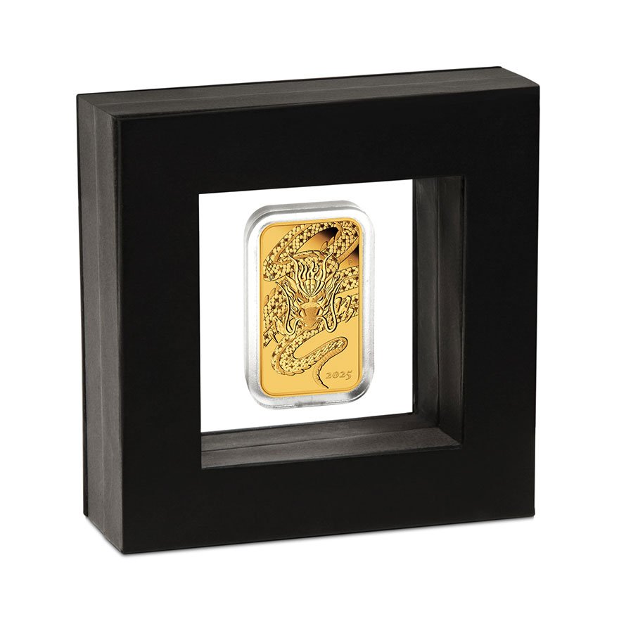 Gold Dragon Rectangle 1 oz Proof - 2025 in the original coin case