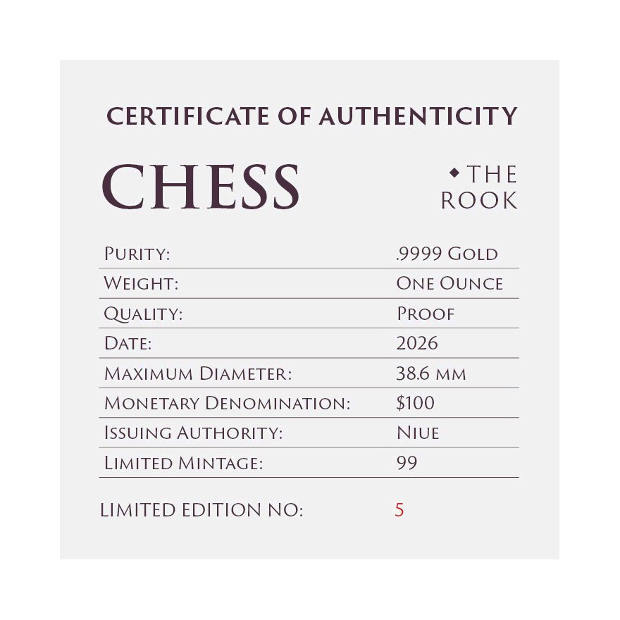 Certificate of Authenticity of Gold Chess Tower 1 oz Proof – Platinum-Plated 2026