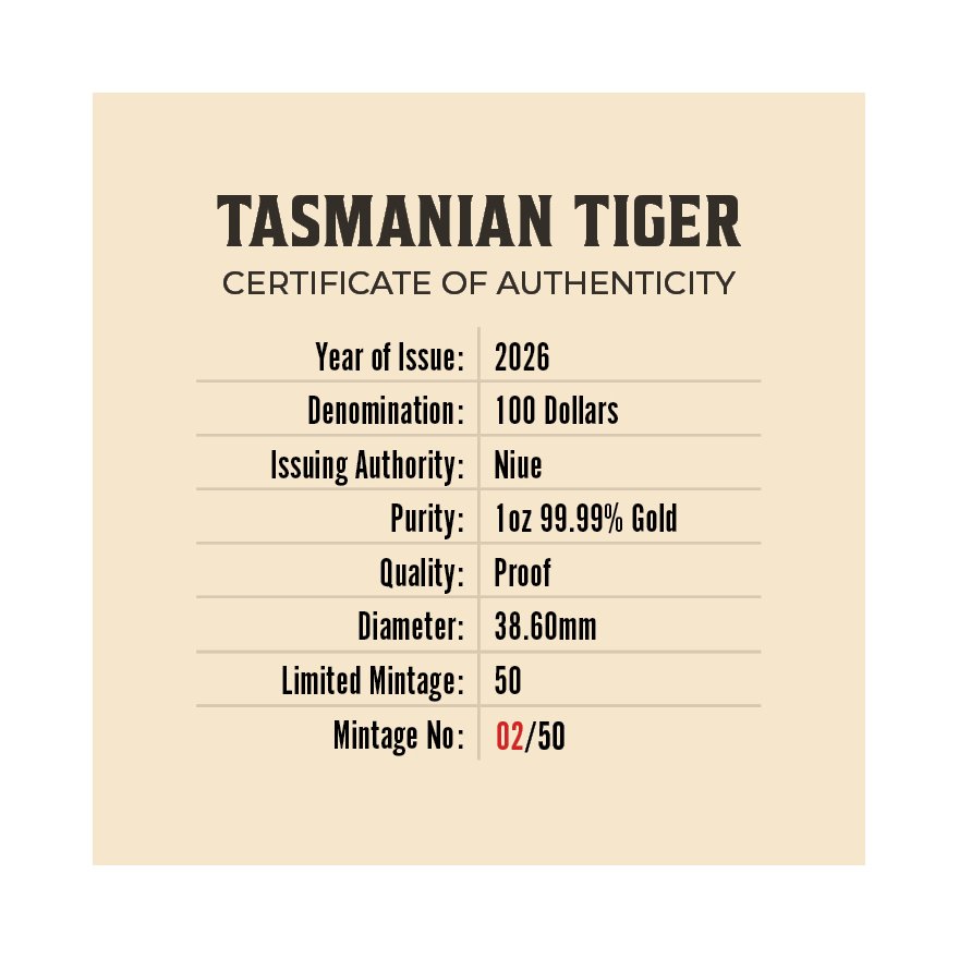 COA of Tasmanian Tiger 1 oz Proof 2026