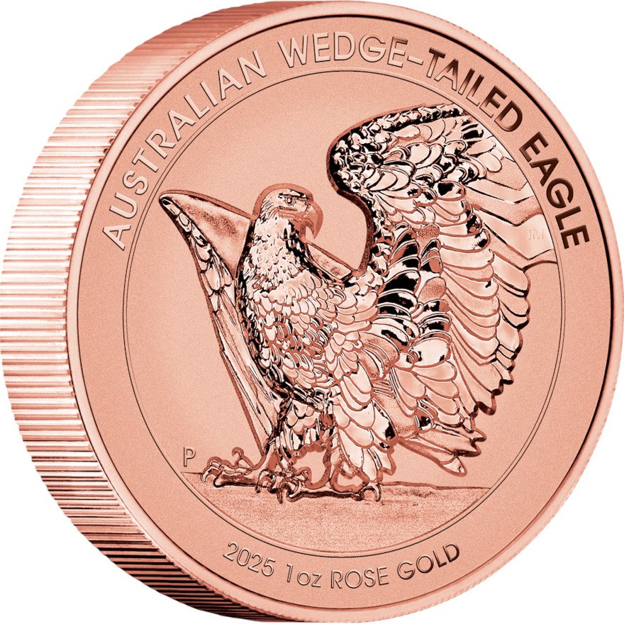 Side view of the Gold Wedge Tailed Eagle 1 oz RP Rosegold - High Relief 2025