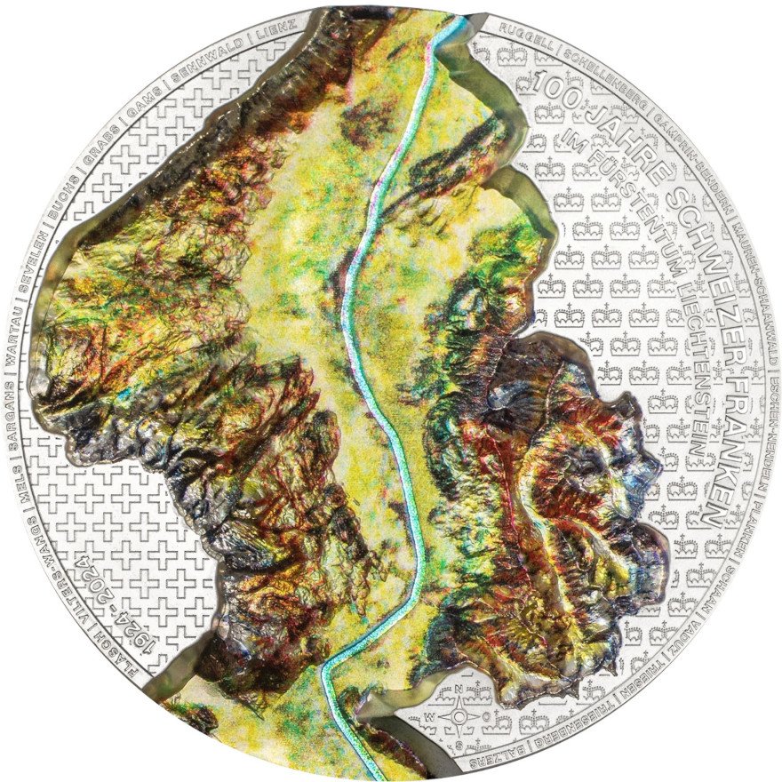 Front of the Silver Liechtenstein 100 Years of Swiss Franc 2 oz - Ultra High Relief