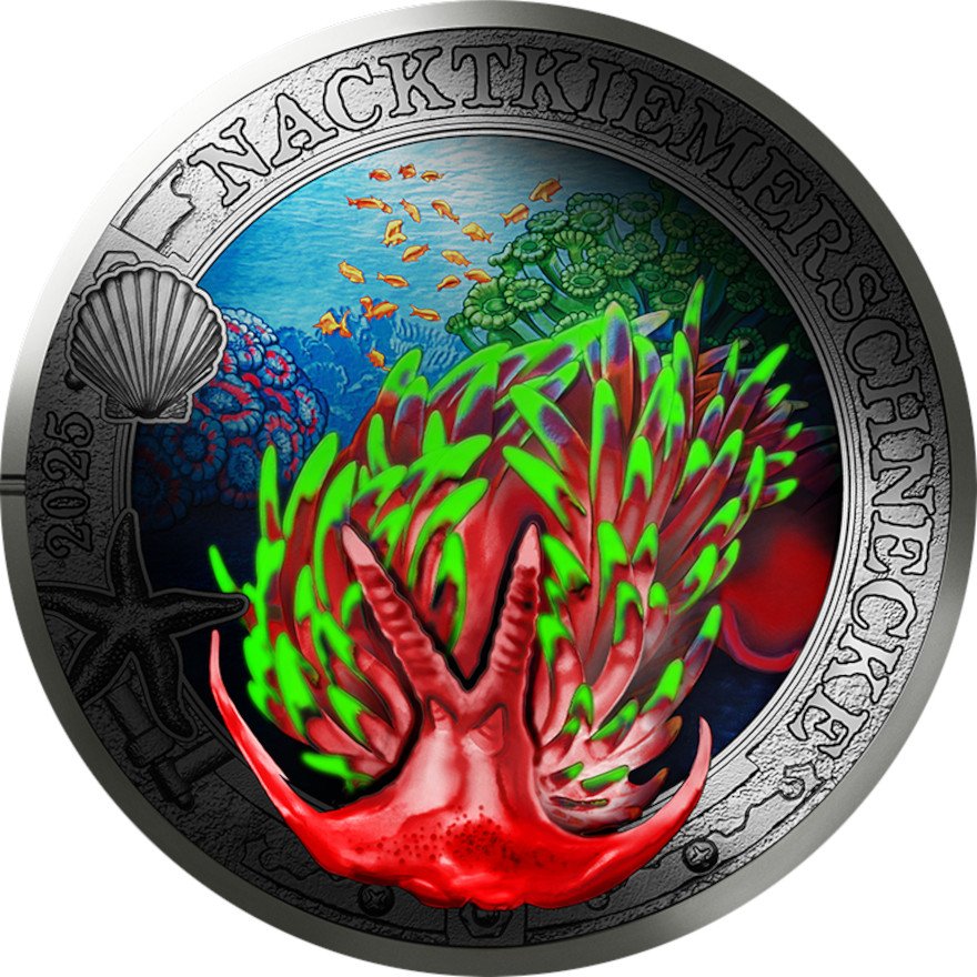 Front in dark view of the CuNi Luminous Sea Worlds “nudibranch” 3 EUR UN - 2025 