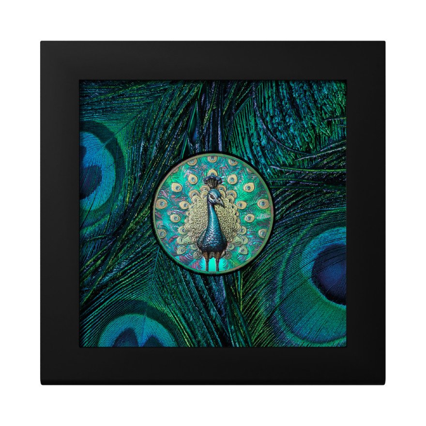 Coin case of the Silver Spectrum Peacock 1 oz PF - Prisma Plating 2025
