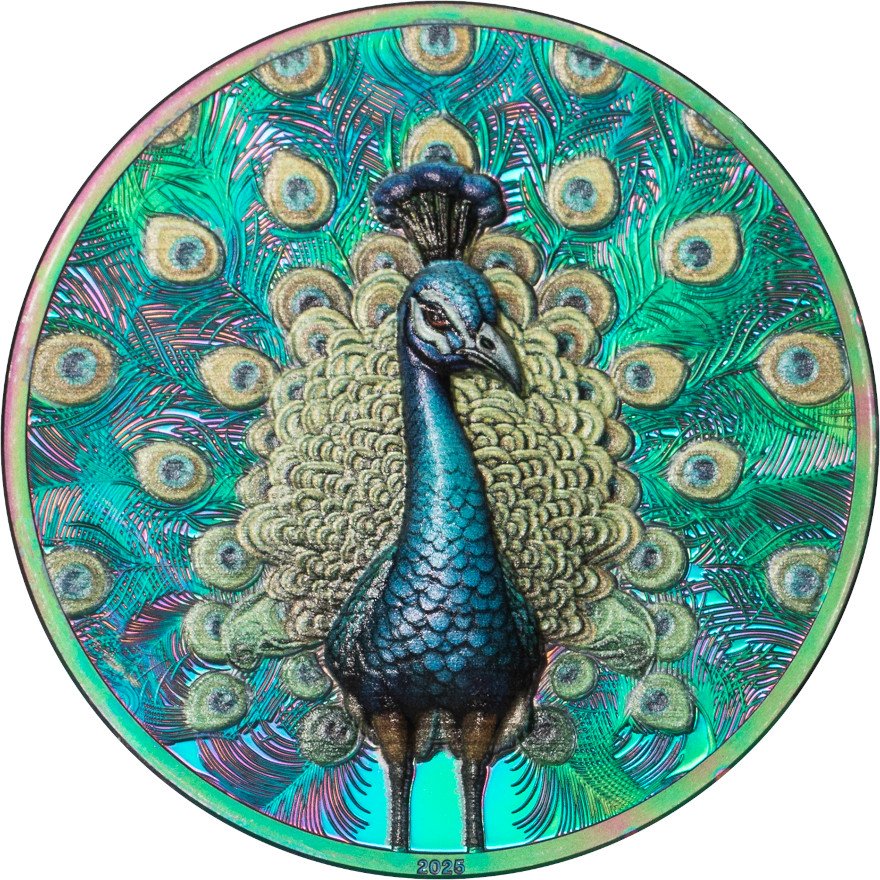 Front of Silver Spectrum Peacock 1 oz PF - Prisma Plating 2025