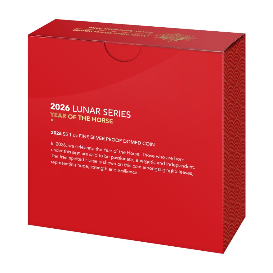 Back of the original coin box of the Silver Lunar Horse 1 oz PF domed coin - RAM 2026