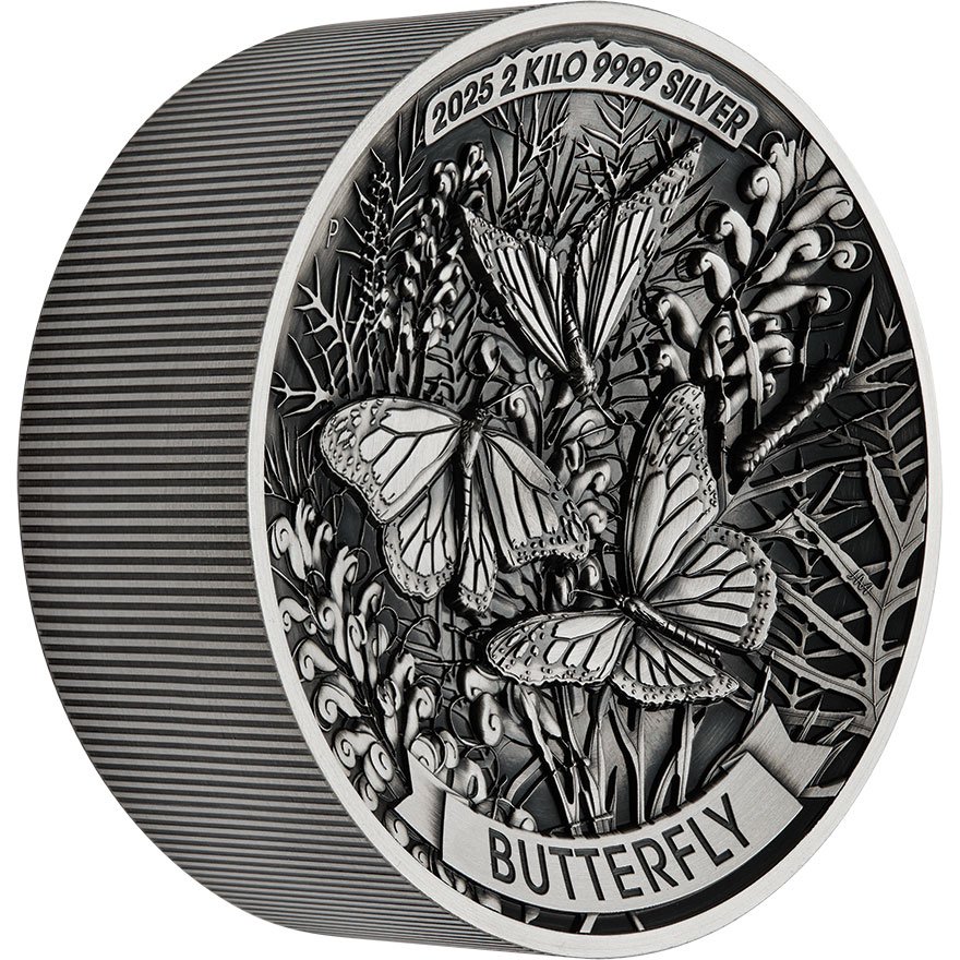 Side view of Silver Butterfly 2000 g High Relief – Antique Finish 2025