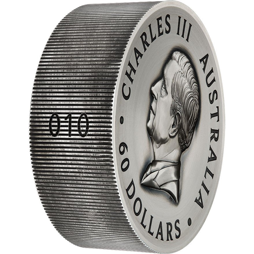 Side view of Silver Butterfly 2000 g High Relief – Antique Finish 2025