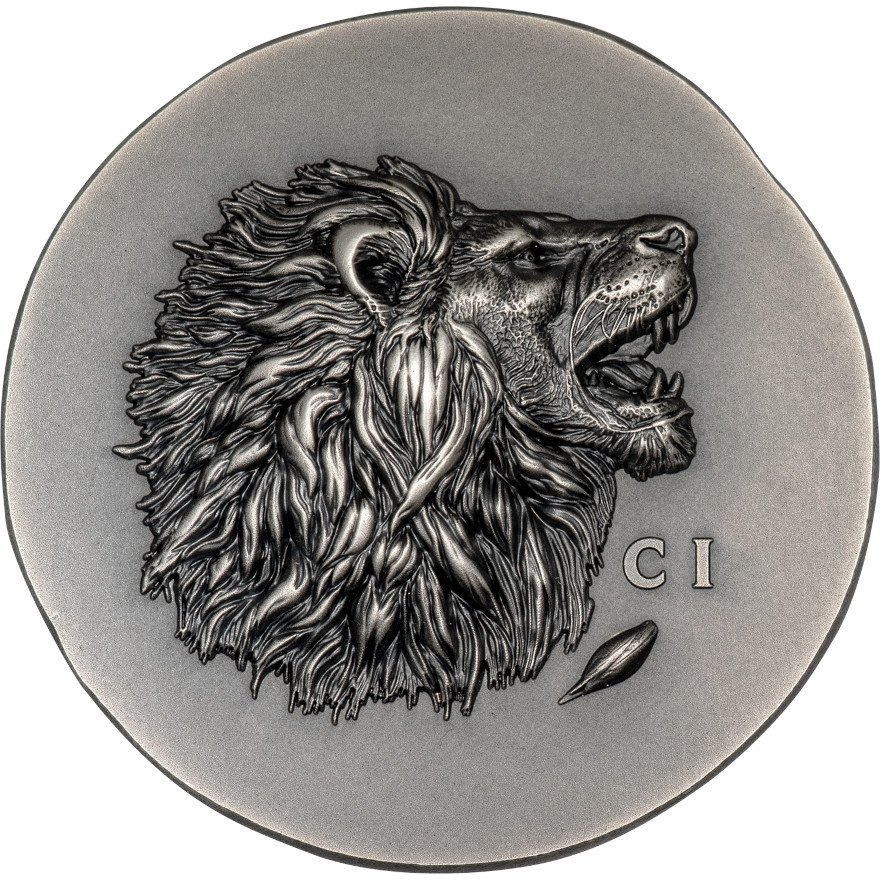 Front of the silver lion 1 oz Antik Finish - High Relief 2025