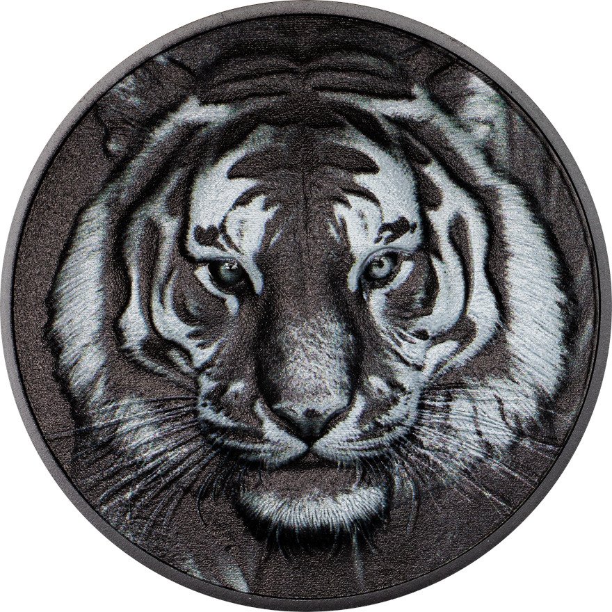 Front of Silver Black and White Tiger 1 oz Proof - Ultra High Relief 2025