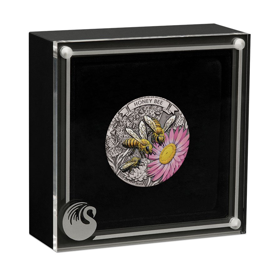 Silver Honey Bee 2 oz - Antik Finish 2025 in the original coin case