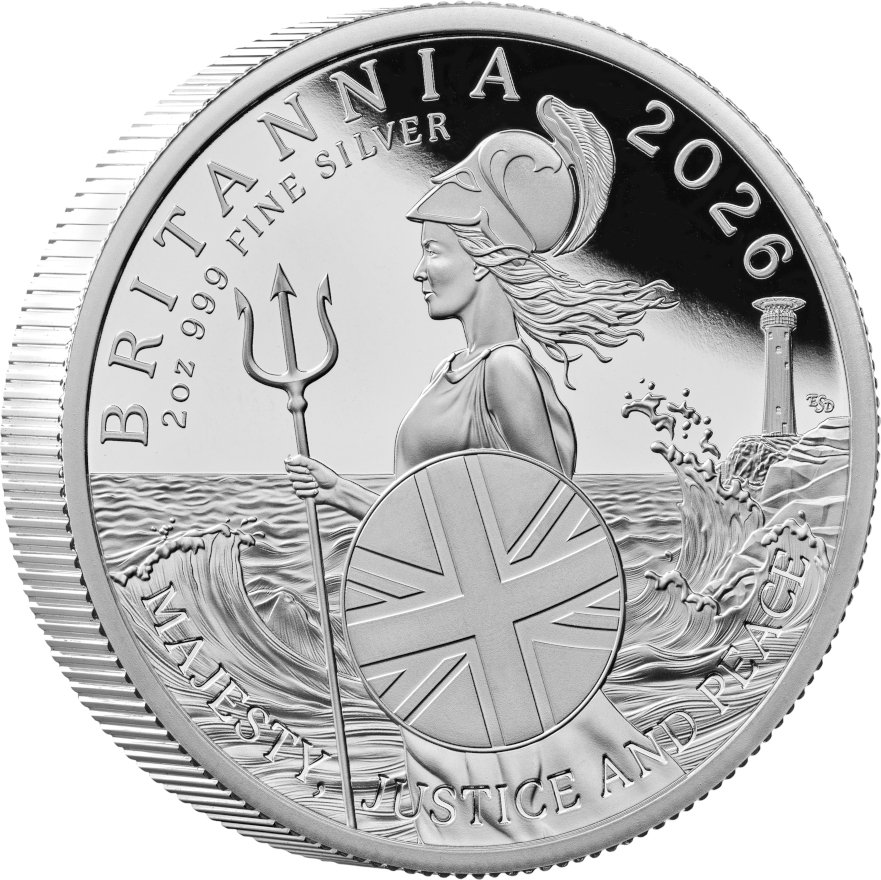 Side view of Silver Britannia Proof 2 oz - 2026