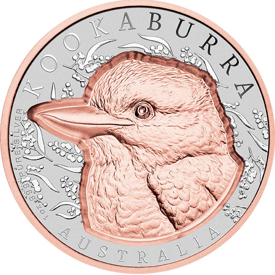 Front of the Silber Kookaburra 1 oz Roségold-Veredelung - Super Incused 2025