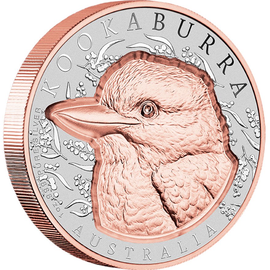 Side view of the Silber Kookaburra 1 oz Roségold-Veredelung - Super Incused 2025